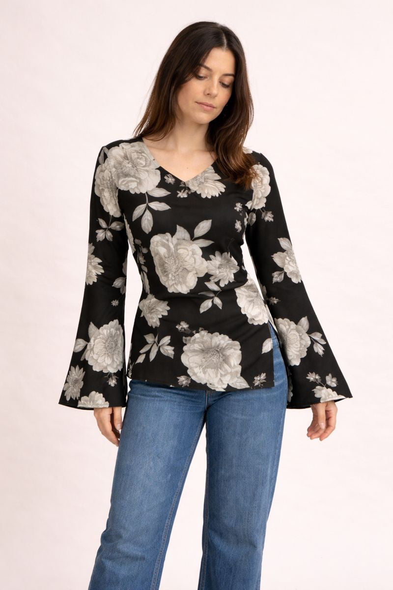 Printed Black Cotton Top - Floral Short Kurti