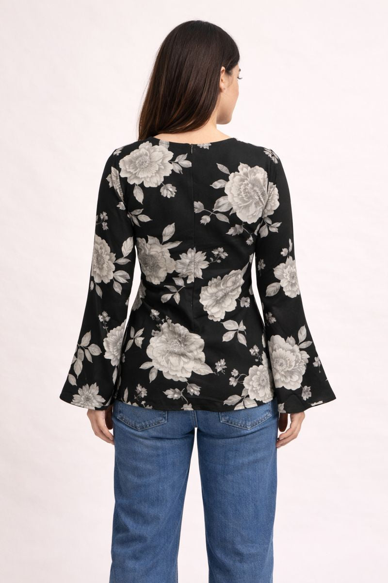 Printed Black Cotton Top - Floral Short Kurti