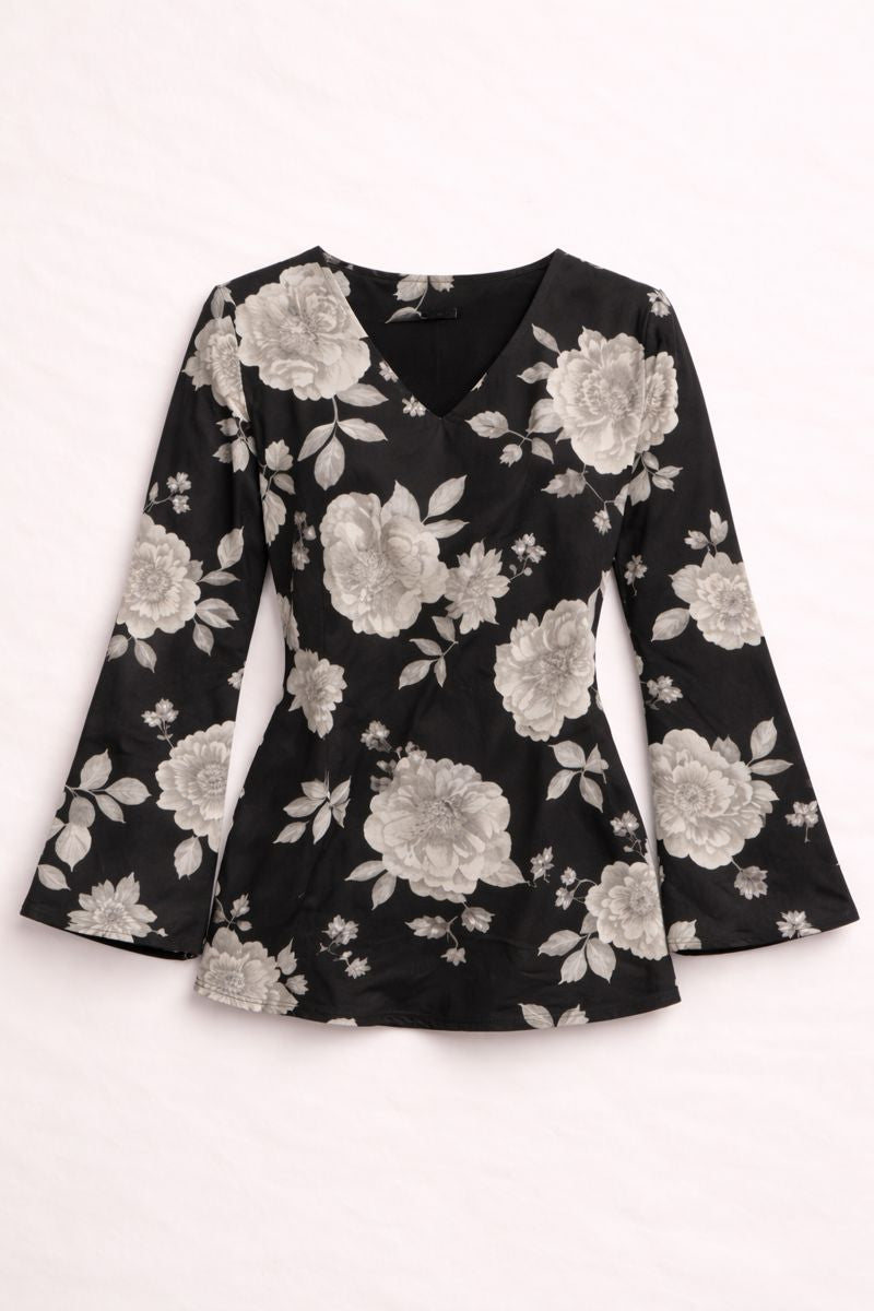 Printed Black Cotton Top - Floral Short Kurti