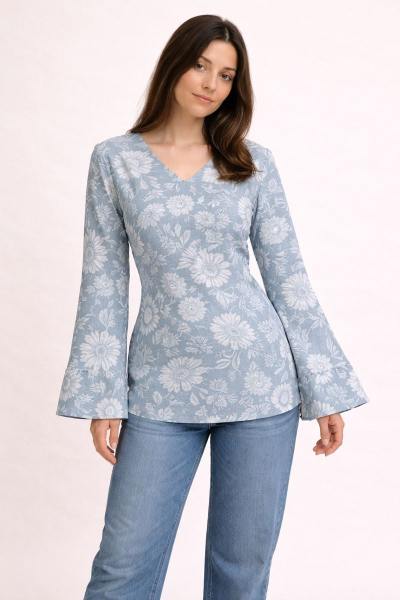 Printed Powder Blue Cotton Top