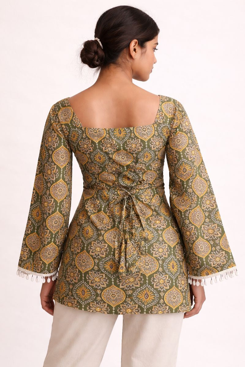 Printed Olive Cotton Short Kurti