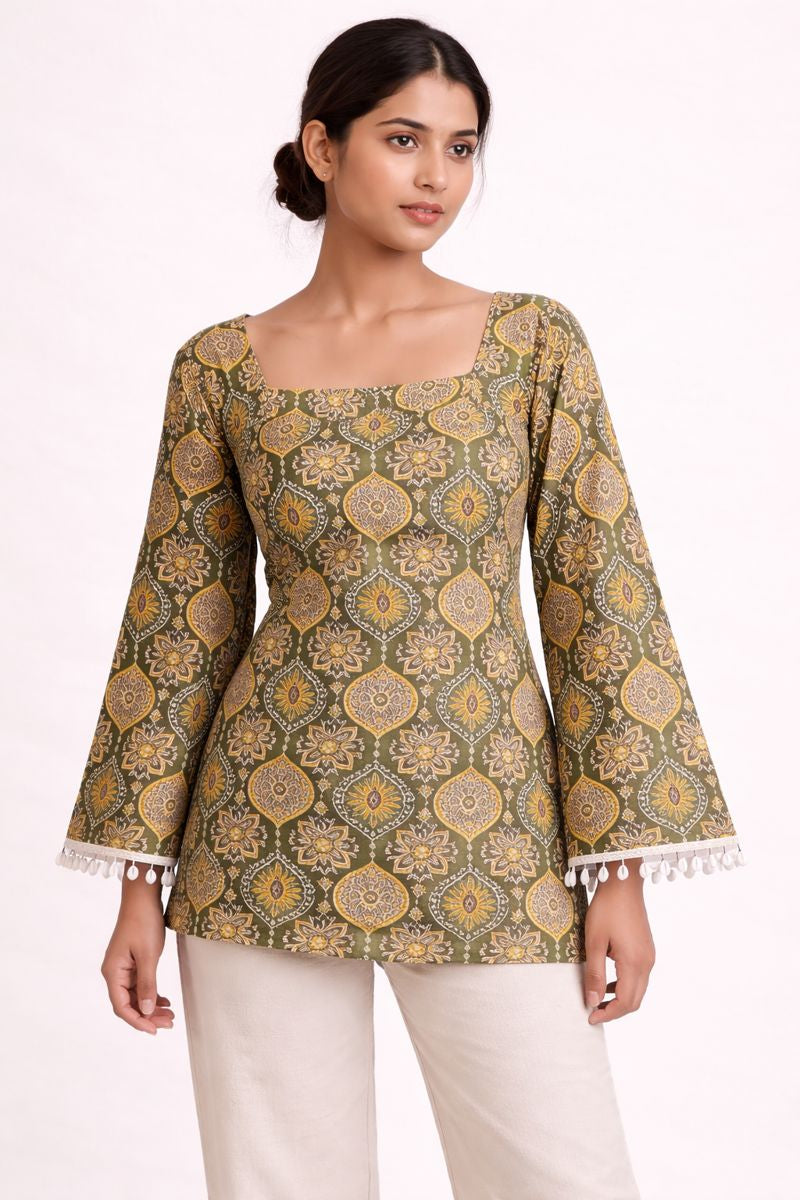 Printed Olive Cotton Short Kurti