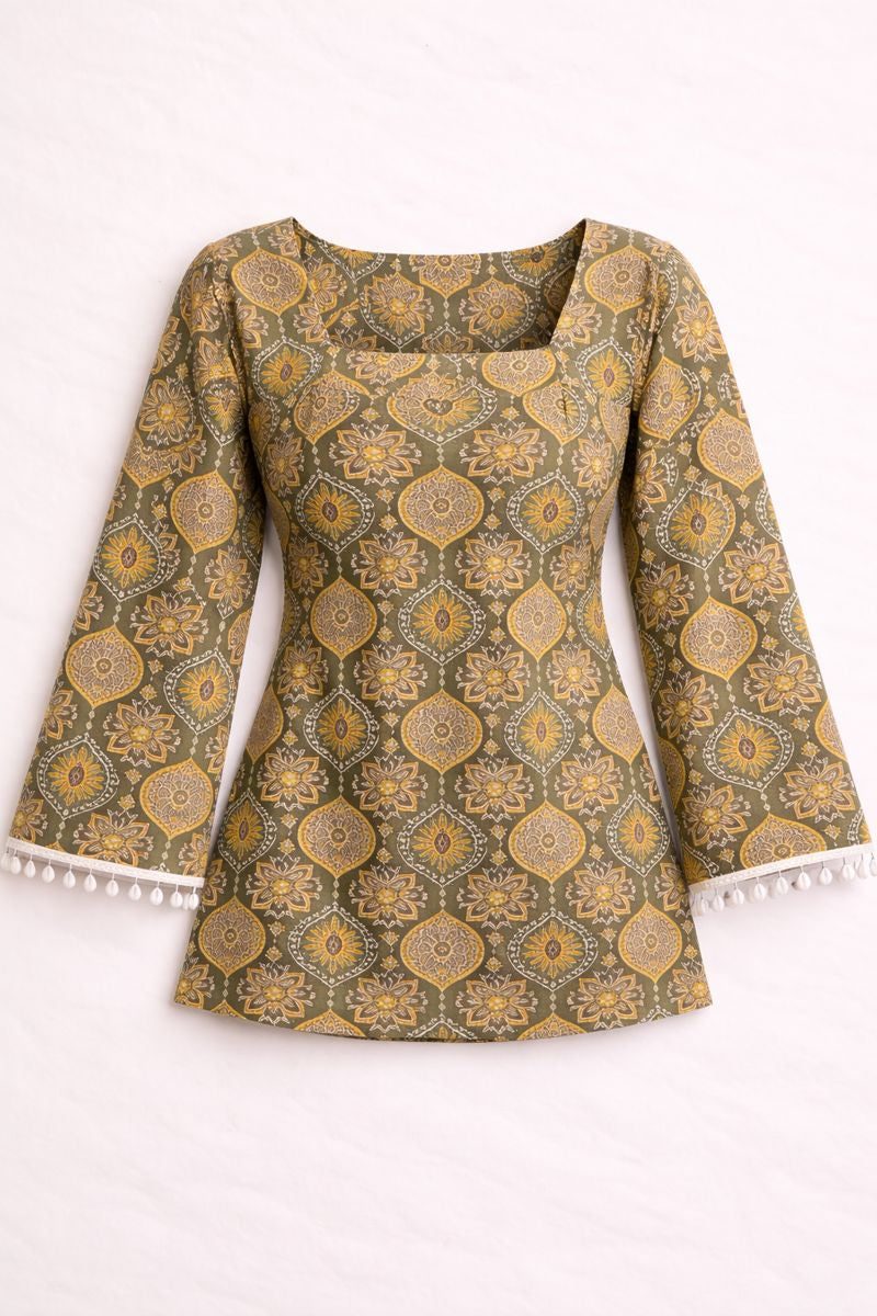 Printed Olive Cotton Short Kurti