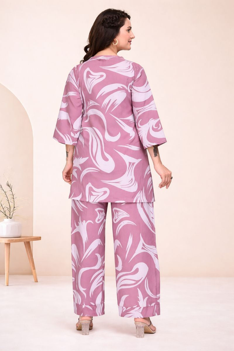Abstract Swirl Crepe Co-Ord Set in Dusty Rose