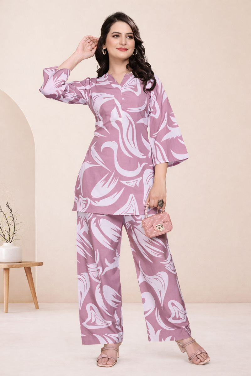 Abstract Swirl Crepe Co-Ord Set in Dusty Rose