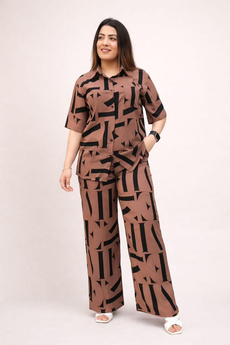 Abstract Printed Crepe Co-Ord Set – Brown & Black