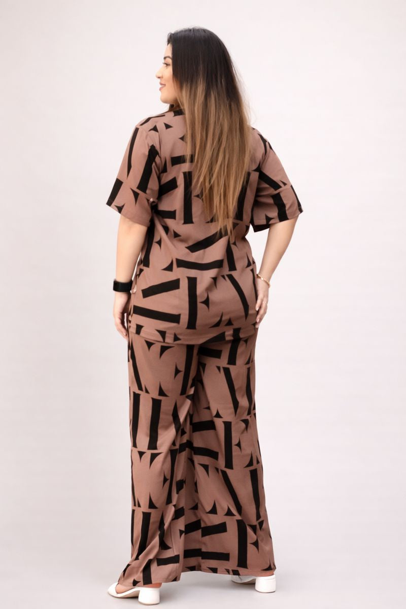 Abstract Printed Crepe Co-Ord Set – Brown & Black