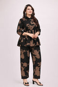 Botanical Print Crepe Co-Ord Set in Black & Sand