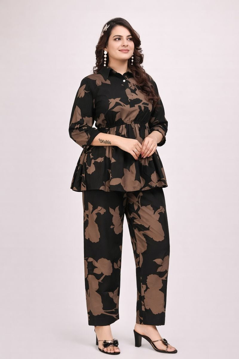 Botanical Print Crepe Co-Ord Set in Black & Sand