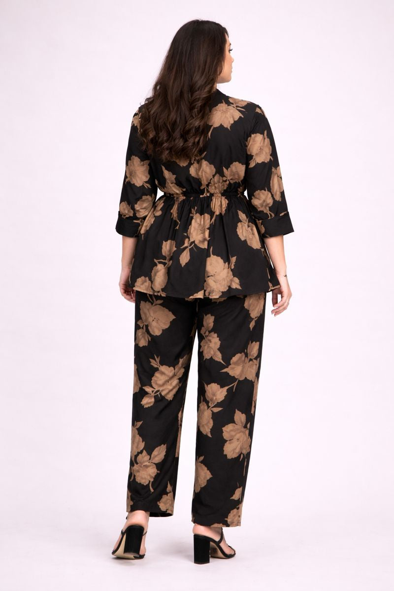 Botanical Print Crepe Co-Ord Set in Black & Sand