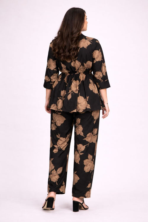 Botanical Print Crepe Co-Ord Set in Black & Sand