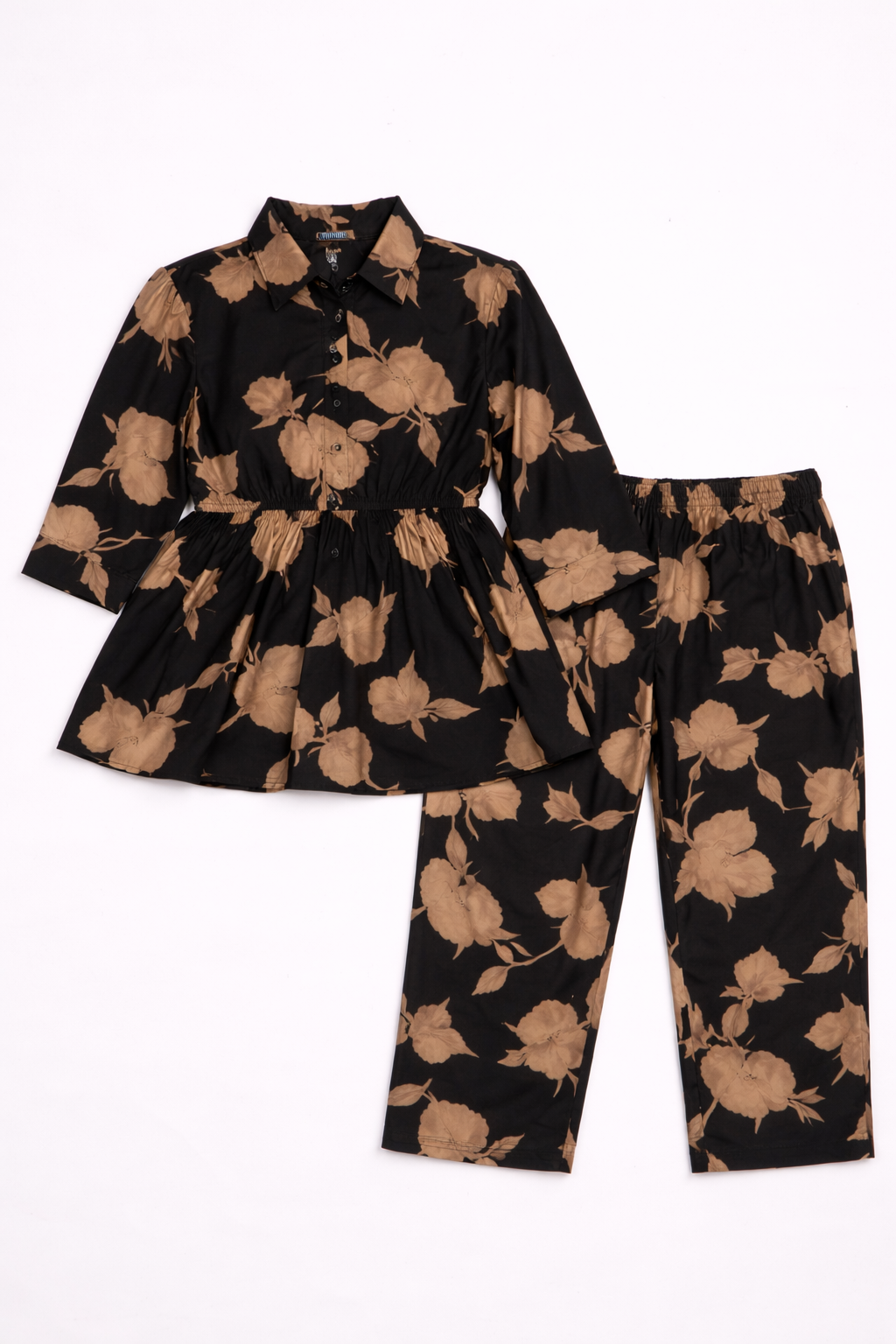 Botanical Print Crepe Co-Ord Set in Black & Sand